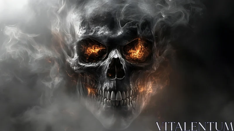 Fiery skull emerges from swirling smoke in dark void