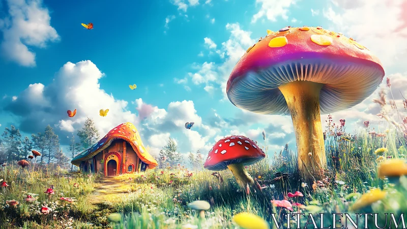 Bright mushroom cottages glow softly in a dreamy meadow