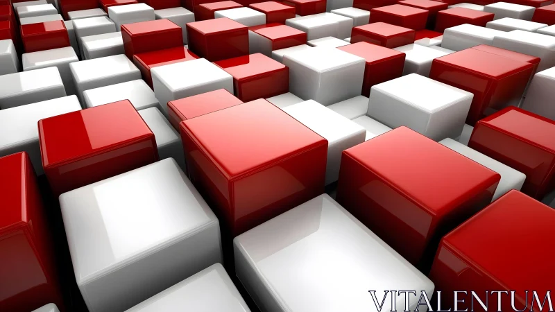 Red and white glossy cubes construct a dynamic 3D grid