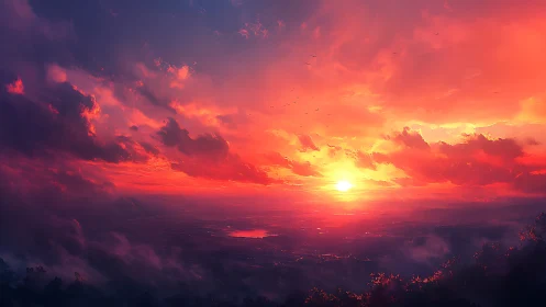 Digital sunset horizon with vivid crimson storm clouds.