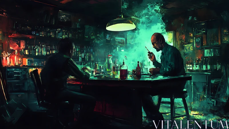 Noir laboratory meeting rendered in cinematic digital painting