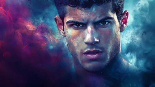 Male digital portrait with colored smoke background.