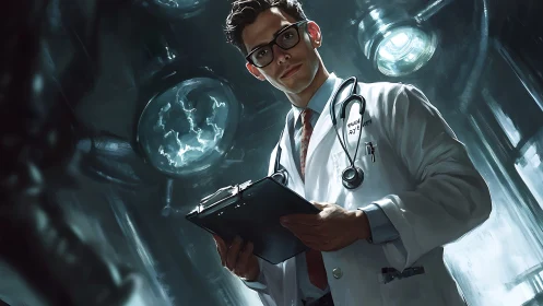Stoic doctor studies clipboard under cold surgical lights.