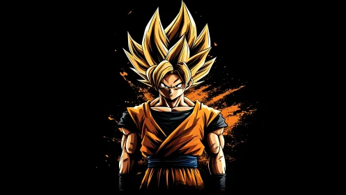 Fierce anime warrior glowing with fiery golden power.