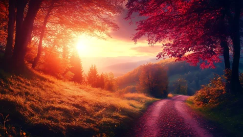 Sunlit forest path glows warmly under vibrant autumn skies