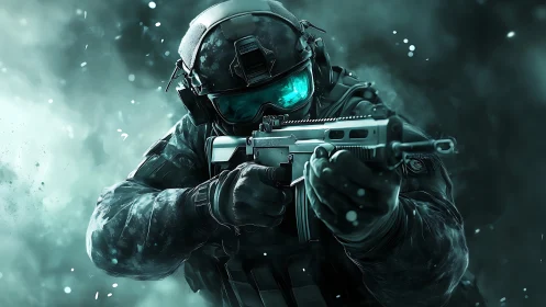 Futuristic tactical soldier advancing through icy mist.