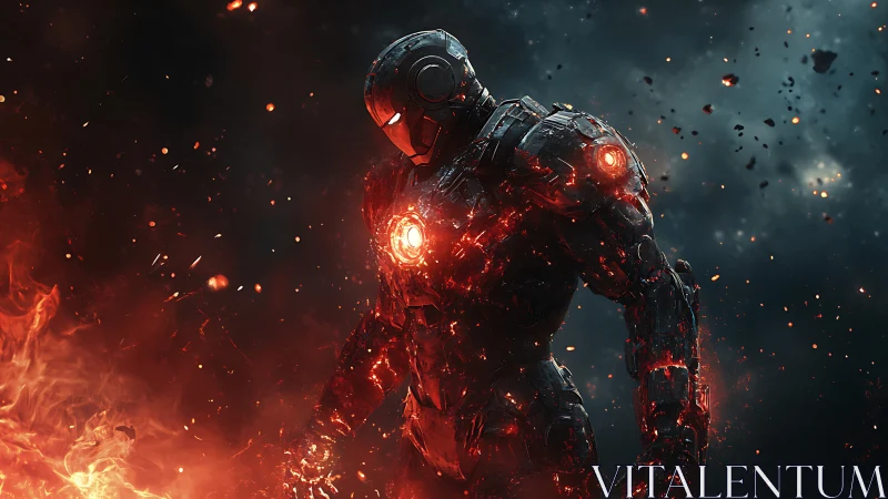 Armored fire mecha strides through blazing inferno storm.