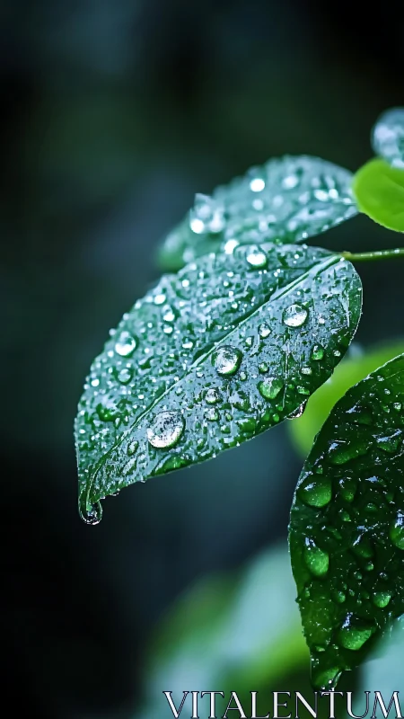 Quiet green leaves jeweled with fresh morning raindrops.