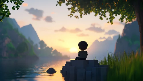 Pixel boy watches tranquil lakeside sunset in soft glow