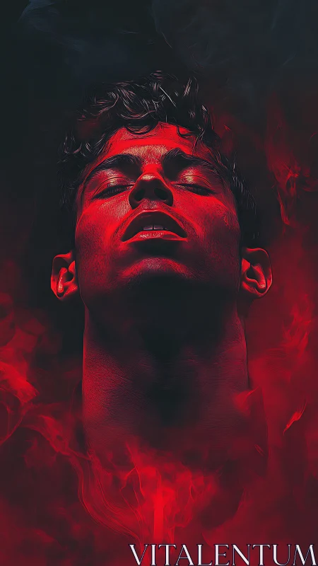 Crimson-illuminated male portrait in ascending vapor field.