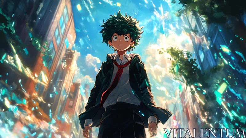 Young anime hero stands beneath a radiant, falling sky