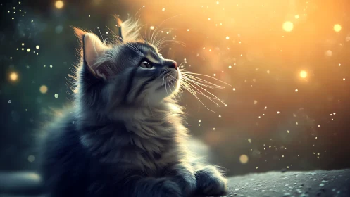 Ethereal Feline Gazing Upward Through Golden Luminescent Bokeh.
