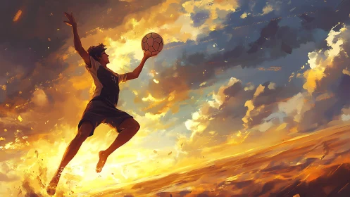 Dynamic football leap in fiery sunset cloudscape painting.