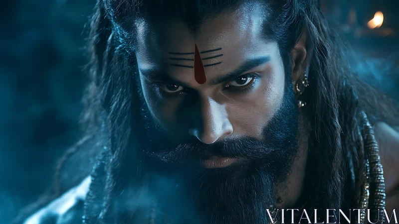 Intense portrait of bearded man with red forehead marking.