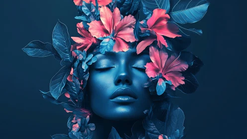 Cyan-toned female portrait with hibiscus floral headpiece