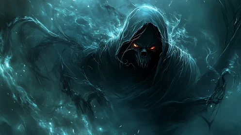 Dark hooded wraith emerges from swirling teal stormlight