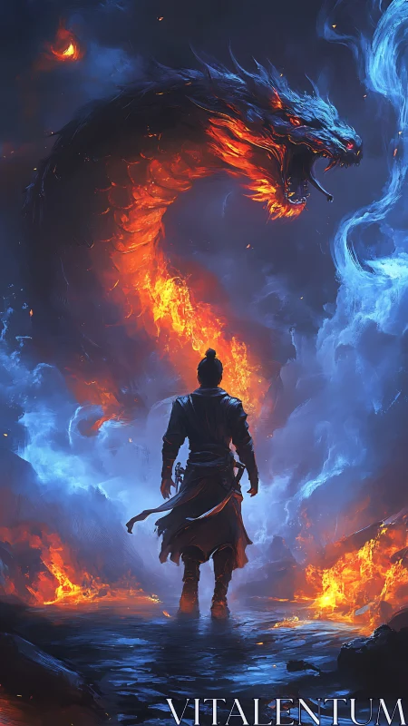 Solitary warrior confronting colossal fiery serpent.