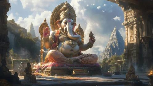 Elephant headed serenity glows within sunlit temple ruins