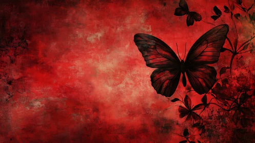 Butterfly silhouettes on textured red abstract ground.