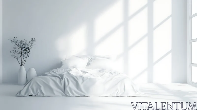 Sunlit white minimalist bedroom interior with soft bedding