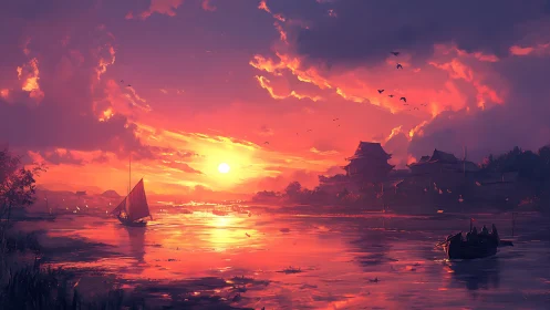 Sunlit river boats drift quietly past a glowing ancient town