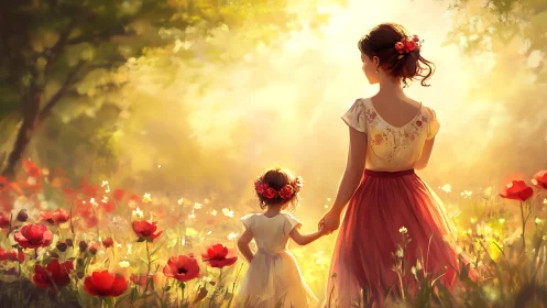 Backlit mother and child walking through sunlit poppy meadow
