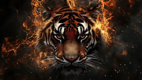 Tiger head emerging from swirling flames on dark background.