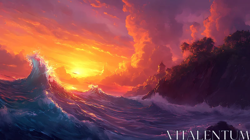 Sunset sky illuminates rough ocean waves near coastal cliffs