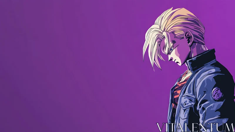 Melancholic anime warrior in profile on gradient violet field