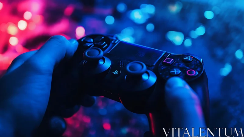 Gaming controller in neon blue and pink bokeh light closeup.
