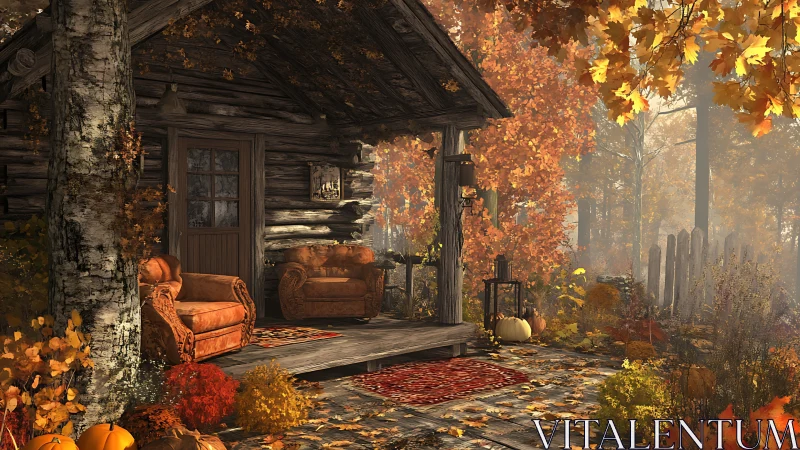 Cozy autumn cabin porch wrapped in golden forest warmth.