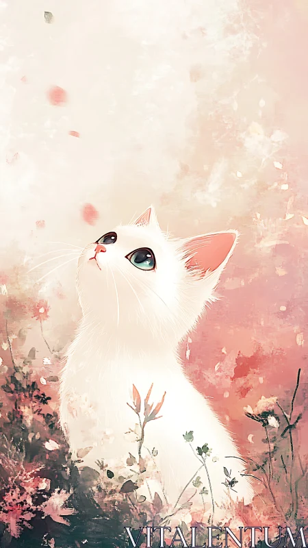 White Feline Portrait with Coral Ears Against Watercolor Gradient Backdrop