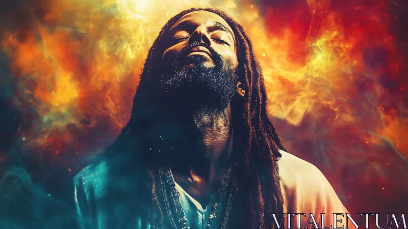 Mystic portrait with dreadlocks framed in cosmic firestorm.