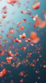 Red leaves drift downward against soft blue background.