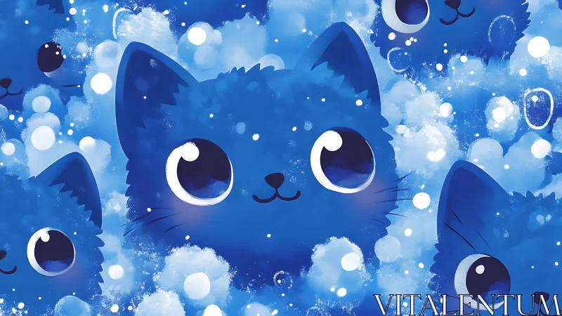 Blue cat face with luminous eyes surrounded by bokeh bubbles.