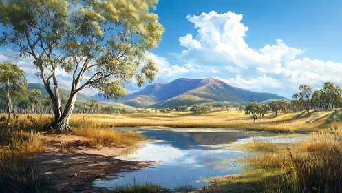 Sunlit grassland lake beneath distant violet mountains.