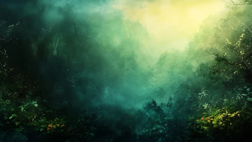 Luminous Forest Gorge: Atmospheric Digital Landscape.