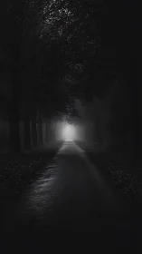 Dark forest road leading toward distant white light.