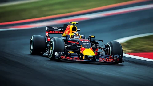 Scarlet sprint machine carving thunder through racetrack curves.