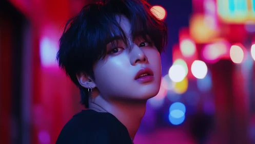 Portrait depicts young person in neon-lit urban night setting