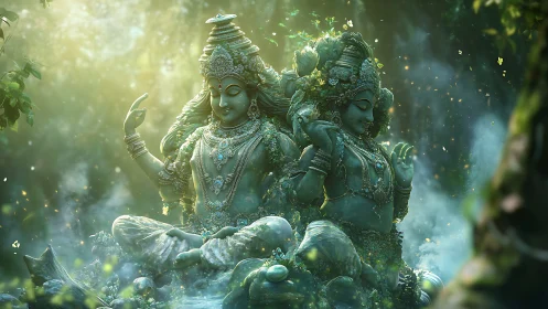 Bioluminescent stone deities in volumetric forest light cascade