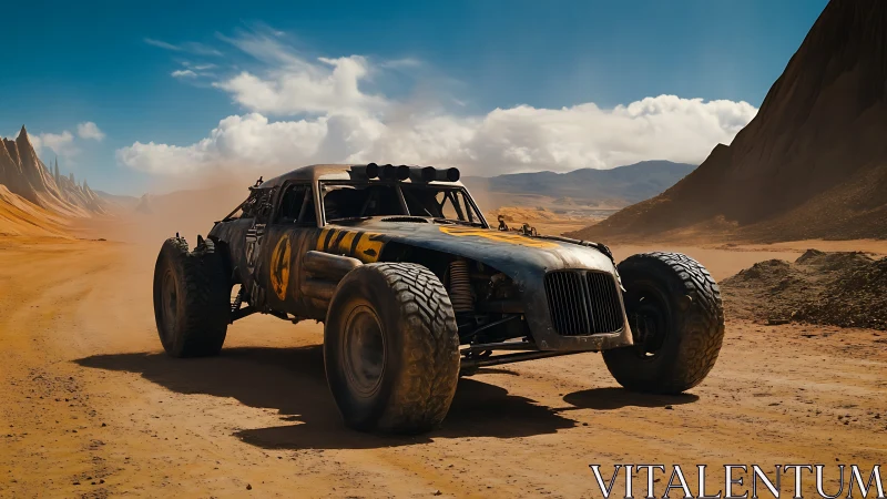 Post apocalyptic desert buggy racing across dusty canyon.