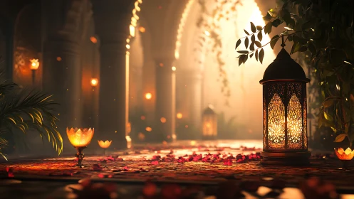 Ornate lanterns glow softly in a mystical courtyard at dusk.