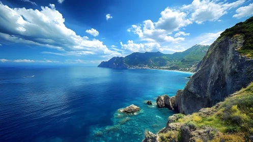 Rocky coastal headland meets calm blue sea under clouds