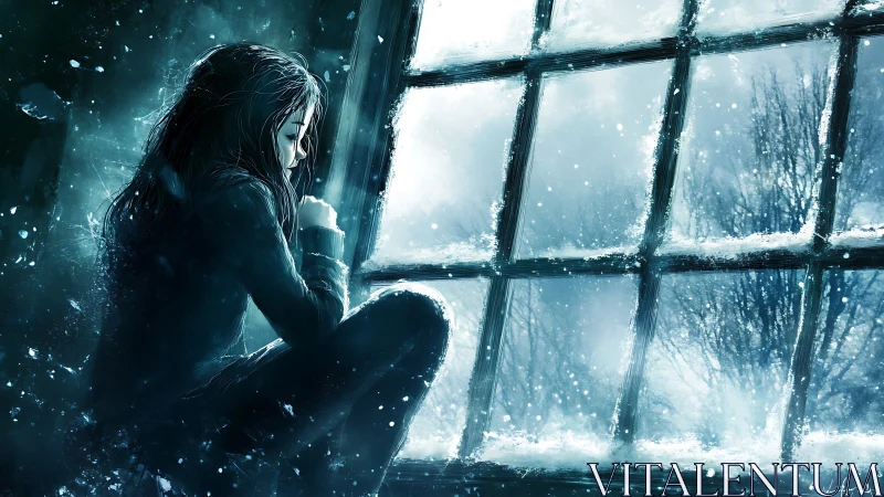 Girl by frosted window contemplates in a storm of blue light