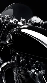 Close-up view of black motorcycle tank, engine and controls.