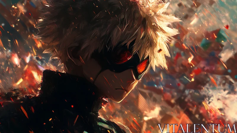 Explosive masked antihero amid incandescent particulate cascade.