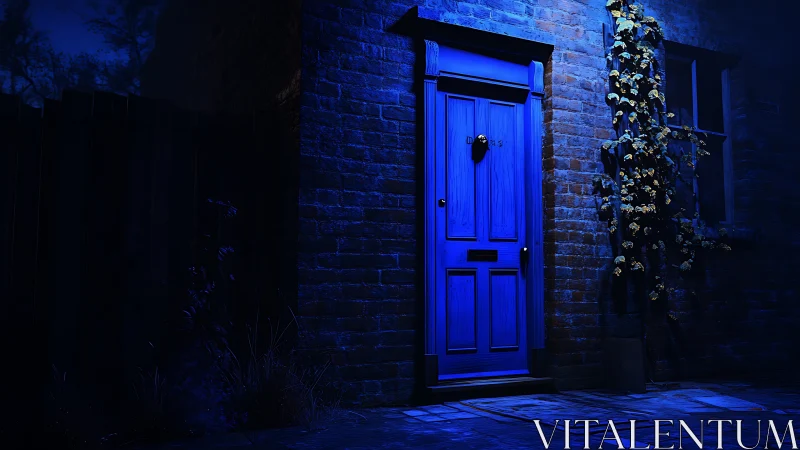 Nocturnal blue doorway isolates against shadowed brick facade