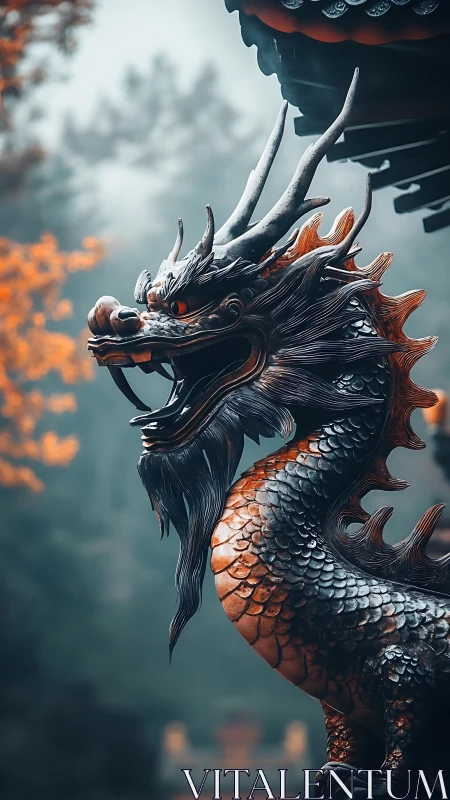 Dragon statue stands beneath eave in misty outdoor setting