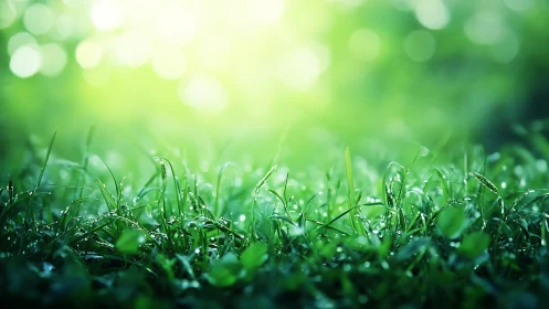 Morning dew on vivid grass in glowing bokeh light.